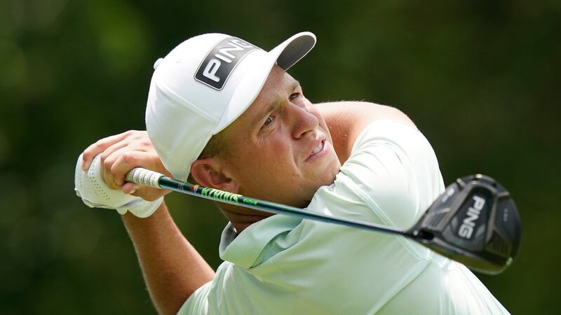 Sam Stevens hits a tee shot on the second hole during the first round of the Byron Nelson golf...