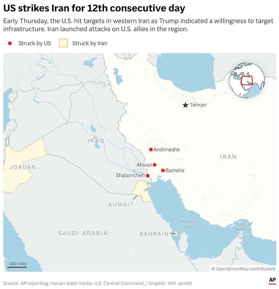 A map showing strikes in and around Iran early Thursday. (AP Digital Embed)
