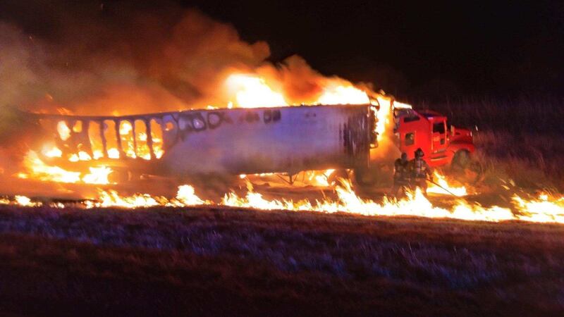Tractor-trailer loaded with cheese catches fire.