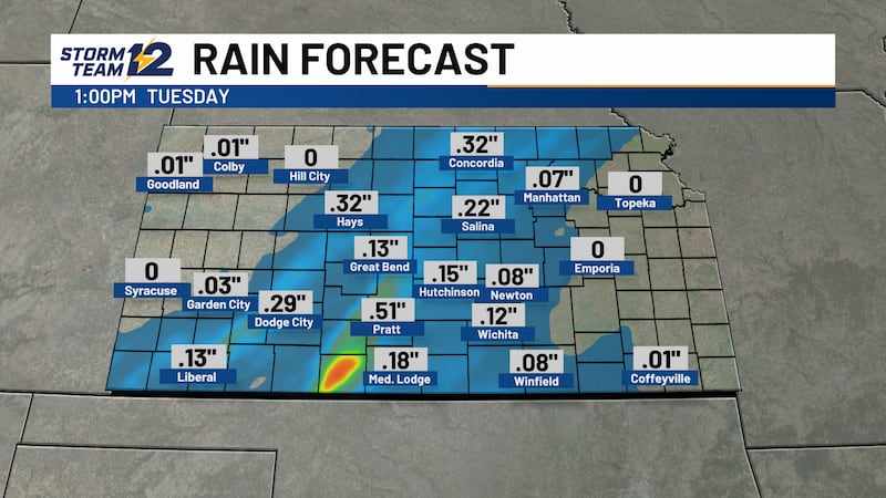 Forecast rain totals from tonight through 1 PM Tuesday.