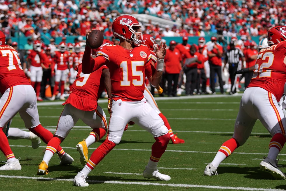 Kansas City Chiefs quarterback Patrick Mahomes (15) looks to throw the ball during an NFL...