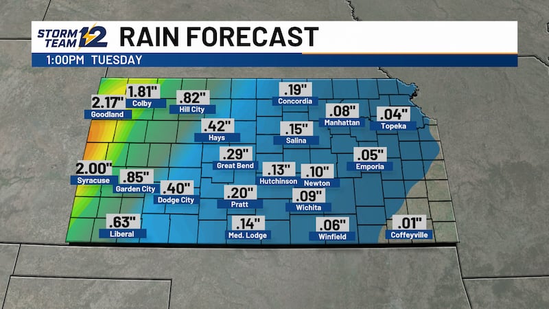 Forecast rain totals through Tuesday afternoon.