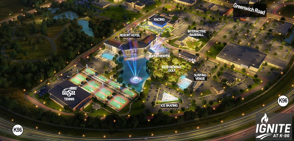 Renderings of Ignite at K-96, an entertainment and sports district in northeast Wichita.