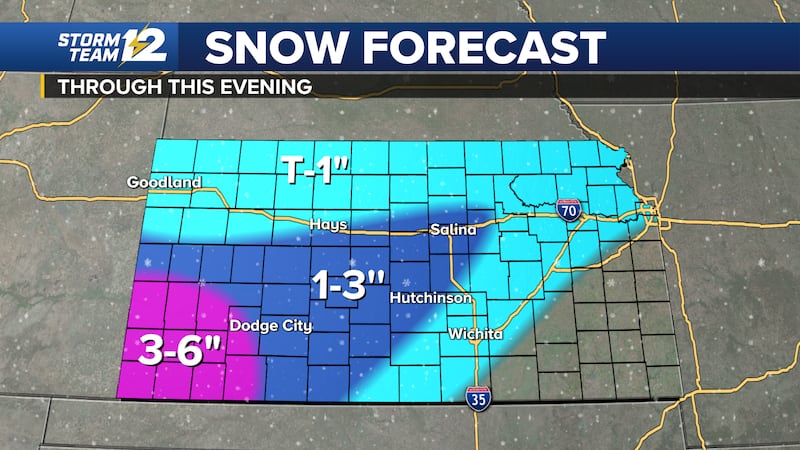 Highest snowfall accumulations will be in extreme southwest Kansas.