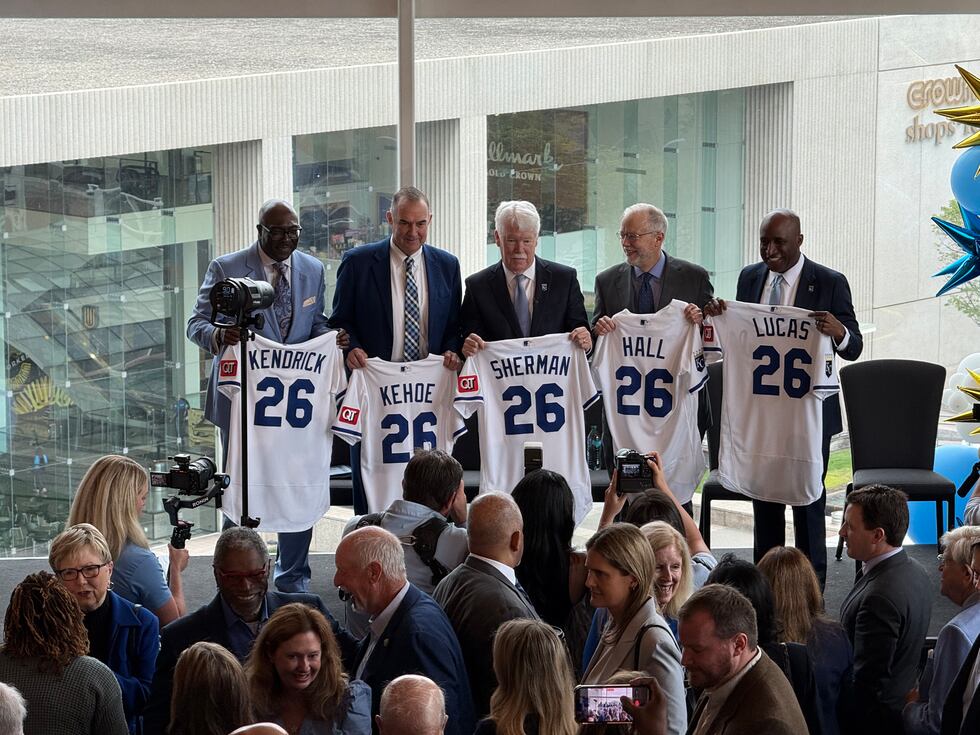 The Royals and city leaders announce plans for a Crown Center baseball stadium on April 22, 2026.