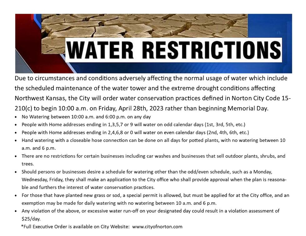 Norton will begin implementing water restrictions beginning Friday.