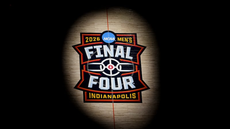 FILE - The Final Four logo is seen on the court prior to the NCAA college basketball...