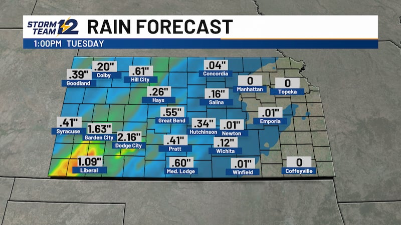 Forecast rain totals from now through 1 PM Tuesday.