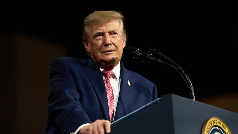 President Donald Trump speaks during a campaign rally at Heartland Credit Union Arena, Monday,...