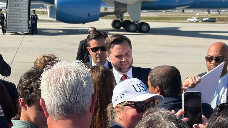 Vice President JD Vance greets supporters after landing in Atlanta on Wednesday, October 14,...